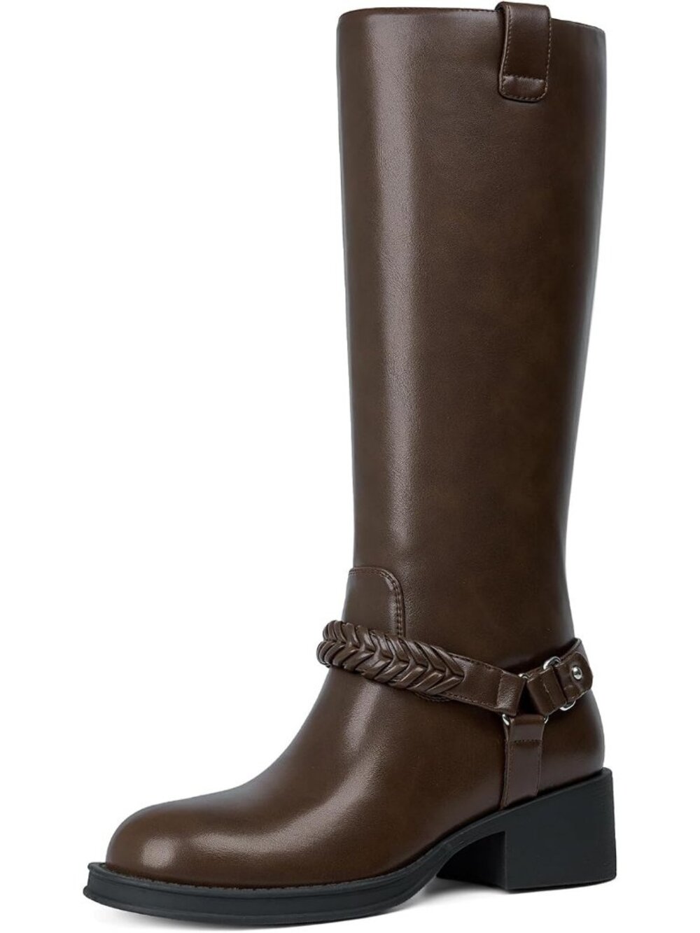 Women's Coffee Braided Round Toe Pull On Chunky Block Heel Knee High Boots